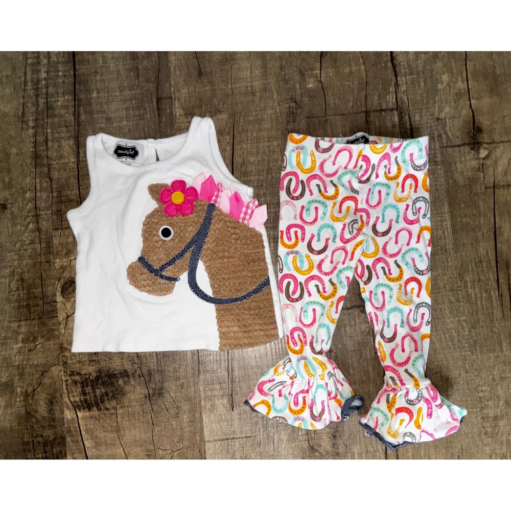 Mud Pie Baby Girls Horse Applique Top and Horseshoe Ruffle Leggings Set 9-12M